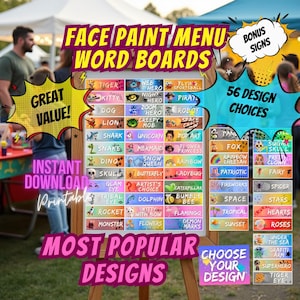 Könnte beinhalten: Eine Kinderschmink-Menütafel mit einem Raster aus 56 farbenfrohen, rechteckigen Designoptionen und Textbeschriftungen wie Tiger, Kitty, Dog, Lion, Shark, Snake, Dino, Skull, Mermaid, Unicorn, Butterfly, Dolphin, Rocket, Monster und Flowers.