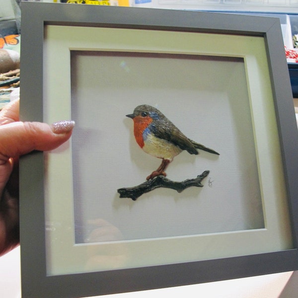 Hand crafted robin picture. Robins appear when loved ones are near. Cute robin gift. Framed robin picture. Unique unusual gift
