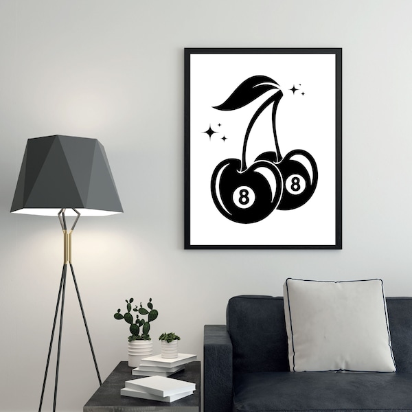 Cherry 8 Ball Poster | Black and White Vintage Aesthetic | Digital Art | Wall Decor | Wall Print | Home Decor