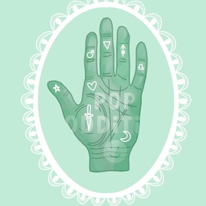 K&ouml;nnte beinhalten: Eine gr&uuml;ne Hand mit wei&szlig;en Linien und Symbolen darauf, darunter ein Stern, ein Herz, ein Dolch, eine Mondsichel, ein Kreis mit einer Linie durch ihn, ein Dreieck, ein Pfeil, ein Symbol, das wie ein m&auml;nnliches Symbol aussieht, und ein Symbol, das wie eine Waage aussieht. Die Hand befindet sich in einem wei&szlig;en ovalen Rahmen mit einem gewellten Rand.