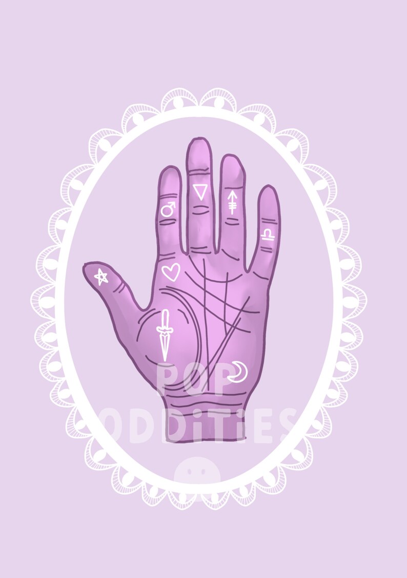K&ouml;nnte beinhalten: Eine lila Hand mit wei&szlig;en Linien und Symbolen, darunter ein Herz, ein Stern, ein Dolch, eine Mondsichel, ein m&auml;nnliches Symbol, ein Dreieck, ein Pfeil und ein Waage-Symbol. Die Hand ist von einem wei&szlig;en, ovalen Spitzenrahmen auf einem helllila Hintergrund umgeben.