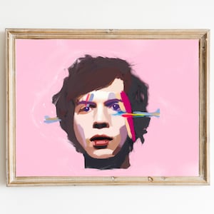 May include: A painting of a person's face with colorful abstract lines across the eyes on a pink background.