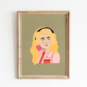 Könnte beinhalten: Eine digitale Illustration einer Frau mit langen blonden Haaren, die ein rosa Hemd, einen rot-weiß gestreiften Schal und einen rosafarbenen herzförmigen Ohrring trägt. Der Hintergrund ist mattgrün.