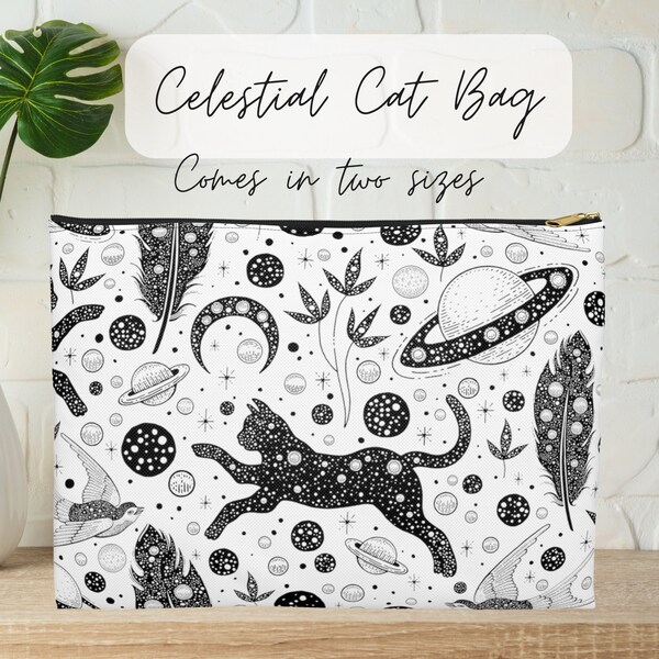 Celestial Cat Zipper Pouch- Moon Cat Bag- Fun Organizer Pouch- Cat Lover Gift- Celestial Moon Black Cat Bag- Pencil Case- Teacher Organizer