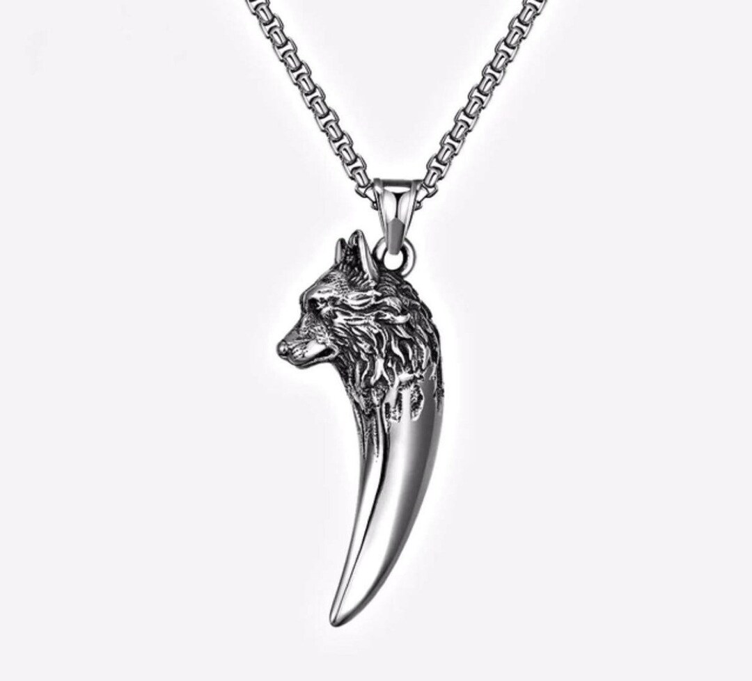 Nordic Wolf Tooth Necklace Wolf Head Fang Steel Pendent Etsy