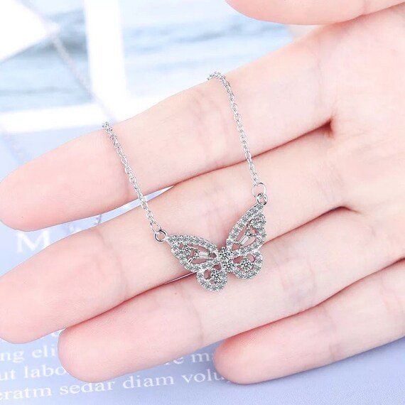 Pompotops 925 Silver Double Butterfly Layered Necklaces Fashion Zircon Butterfly Clavicle Chain Necklace Birthday Anniversary Jewelry Gift for Women