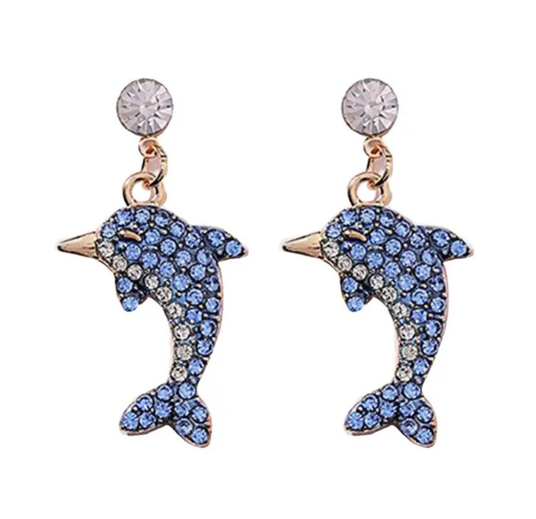 Dolphin Earring Crystal Blue Dolphin Clip on Earrings Etsy