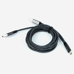 May include: A black braided USB cable with a USB-C connector on one end and a USB-A connector on the other end.