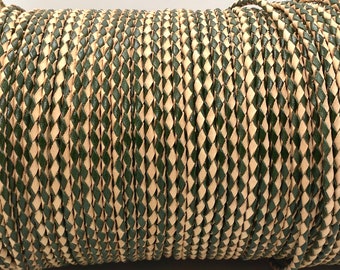 4mm Beige and Dark Green Dual-Tone Braided Leather Cord for Jewelry Making, Leather Strap for DIY craft, and decoration