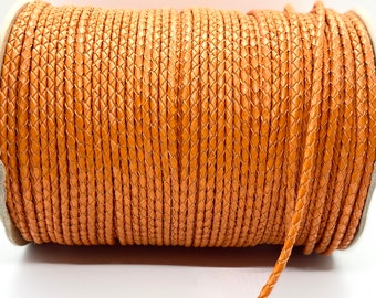 4mm Orange Braided Leather Cord for jewelry, Leather cord for bracelets, leather rope, leather round cord, DIY craft jewelry
