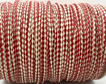4mm Red and Off White Dual-Tone Braided Leather Cord for Jewelry Making, Leather Straps for DIY crafts, and decorations