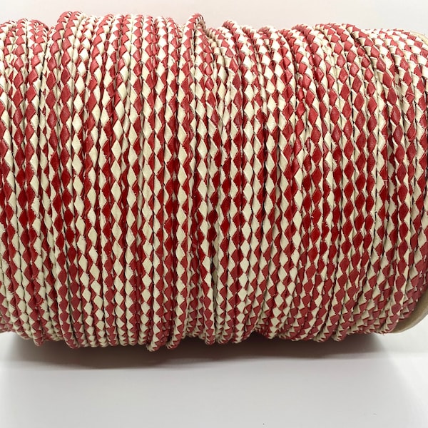 4mm Red and Off White Dual-Tone Braided Leather Cord for Jewelry Making, Leather Straps for DIY crafts, and decorations