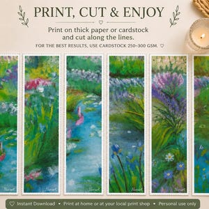 Puede incluir: Seis marcapáginas rectangulares con escenas impresionistas de jardines y estanques en tonos verdes, azules y morados. El texto PRINT, CUT & ENJOY aparece en la parte superior, con instrucciones para imprimir en papel grueso de 250-300 GSM.