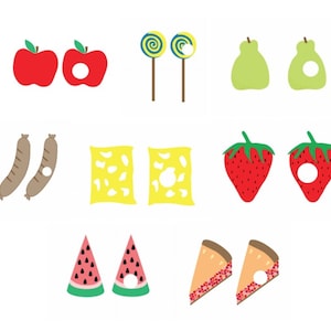 May include: A set of 10 printable food images with a bite taken out of each. The images include red apples, green pears, yellow cheese squares, red strawberries, watermelon slices, and orange pie slices. The images are perfect for a fun and interactive game or activity.