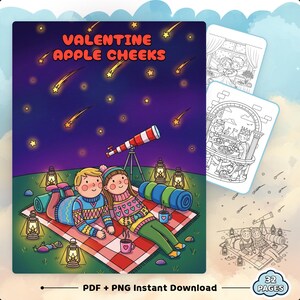 May include: A colorful illustration of a couple stargazing, with a telescope and lanterns. The image features the text "VALENTINE APPLE CHEEKS" and includes coloring pages. The product is available as a PDF + PNG instant download.