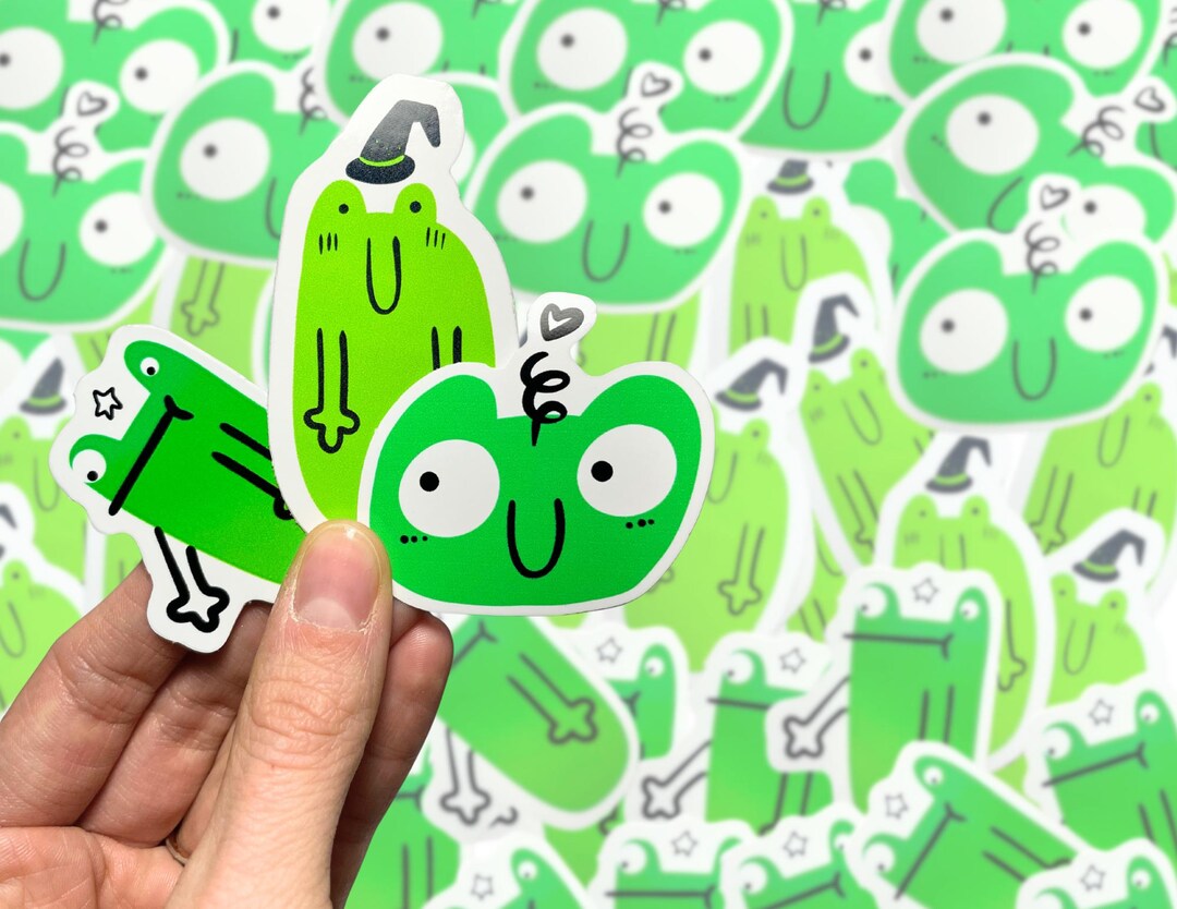 Cute Frog Sticker Pack – 3 Funny Handmade Vinyl Stickers, Happy Frog ...