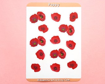 Poppy // Glossy or Matte Stickers Sheet // Planner, Journal, Notebook Stickers // Decoration