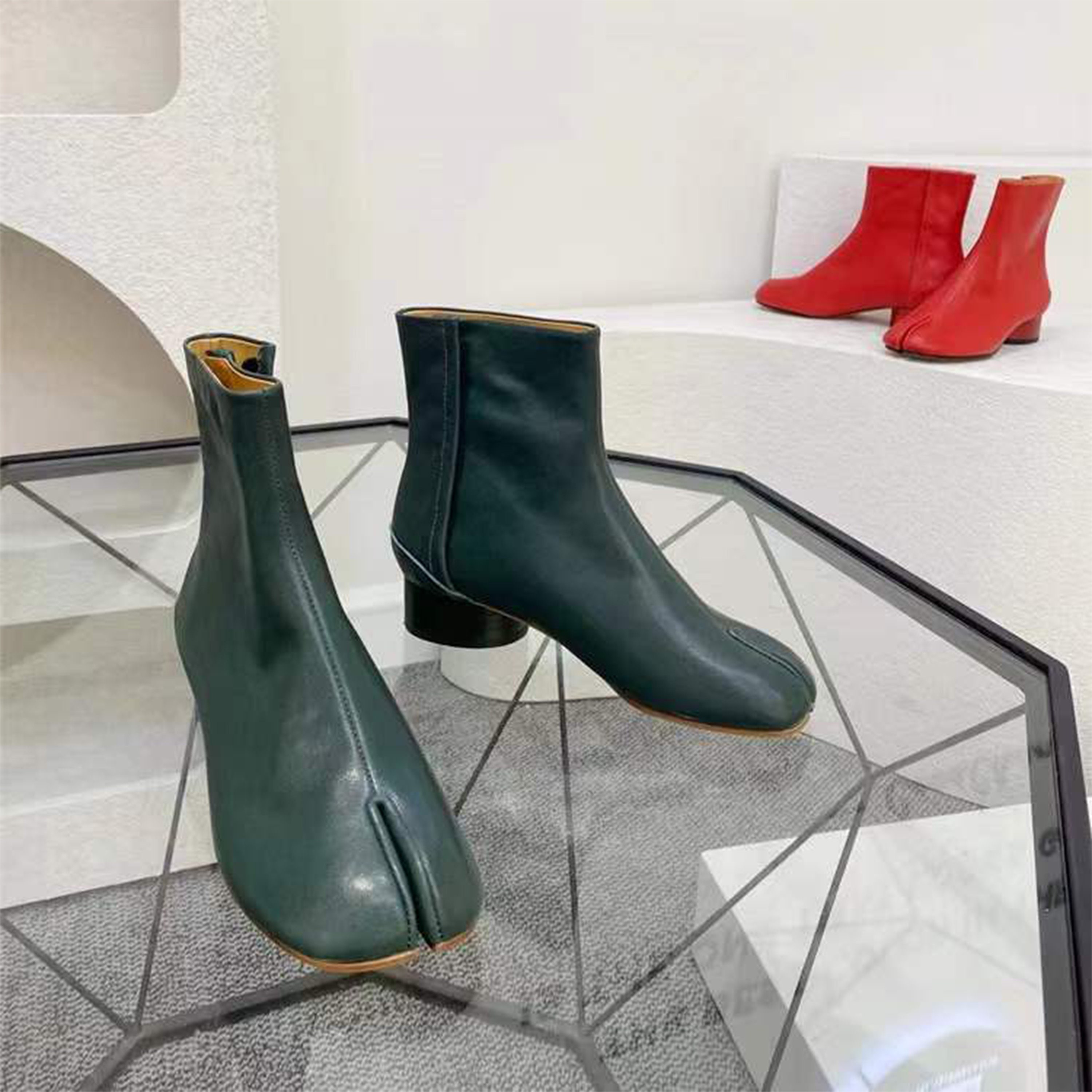 3 CM Tabi Heeled Boots, Tabi Ankle Boots ,tabi Split-toe Leather