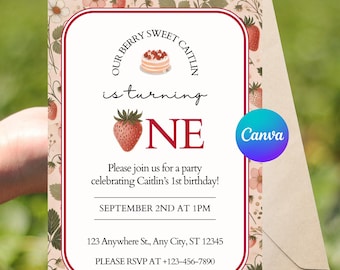 Berry Sweet First Birthday Invitation | Editable Canva Template | Strawberry Theme Party Invite | Instant Download