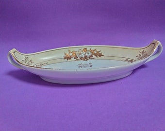 Hand painted Japanese two handled oval porcelain dish, floral condiment dish, boat shaped condiment dish, floral trinket dish