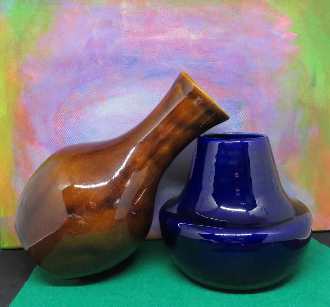 Irish Achill Pottery Vases in Blue and Brown Made on Achill Island in