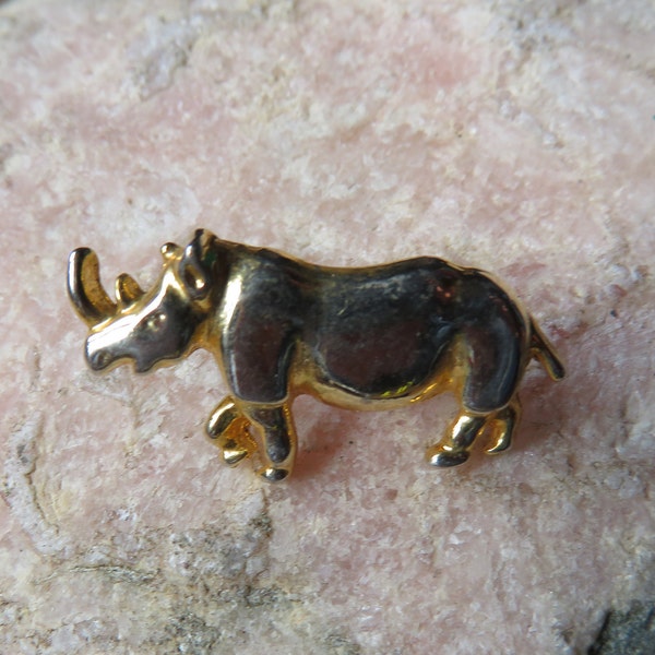 Mid century gold tone metal rhinocerous pin with brass Ballou Reg'd clasp, rhino brooch pin, gold tone rhino, metal rhino, rhino tie pin