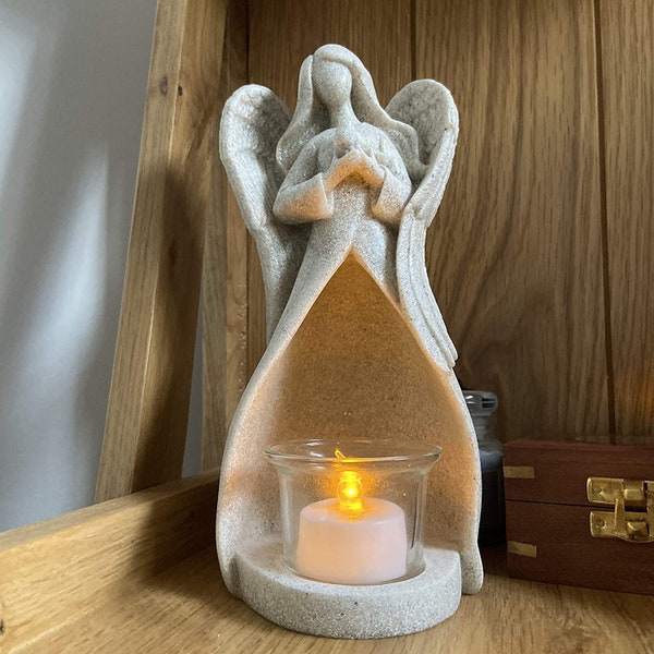 Angel Tealight Candle Holder Statue, Sympathy Gifts For Loss Of Loved One, W/Flickering Led Candle
