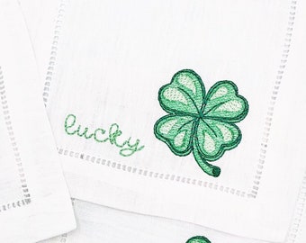 St. Patrick's Day Cocktail Napkins | St. Patrick's Day Party Decor or Hostess Gift | Lucky Green Shamrock | White Linen Cloth Napkin | Irish