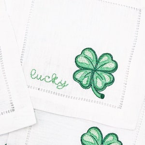 St. Patrick&#39;s Day Cocktail Napkins | St. Patrick&#39;s Day Party Decor or Hostess Gift | Lucky Green Shamrock | White Linen Cloth Napkin | Irish