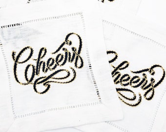 Cheers Linen Cocktail Napkins | Hostess Gift | Bridal, Wedding, or Bachelorette party | Table decor 6 inch square hemstitch napkins in white