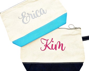 Monogrammed Colorblock Canvas Zip Pouch | Personalized Makeup Cosmetic Bag | Bridesmaid Gift | Teacher Gift | Pencil Bag | Embroidered