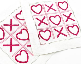 Valentine XOXO Cocktail Napkins |  Tic Tac Toe with Hearts | Bachelorette Party or Bridal Shower | 6 in square linen hemstitch napkin