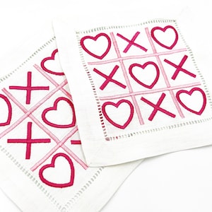 Valentine XOXO Cocktail Napkins |  Tic Tac Toe with Hearts | Bachelorette Party or Bridal Shower | 6 in square linen hemstitch napkin