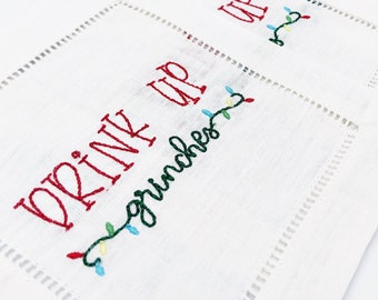 Drink Up Grinches Cocktail Napkins, Set of 4 | Holiday Party Hostess Gift | Entertaining for Christmas | 6 inch square hemstitch napkins