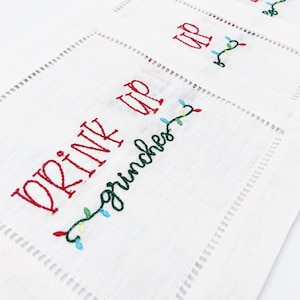 Drink Up Grinches Cocktail Napkins, Set of 4 | Holiday Party Hostess Gift | Entertaining for Christmas | 6 inch square hemstitch napkins