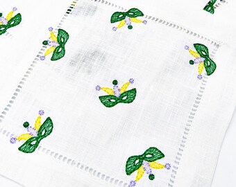 Mardi Gras Cocktail Napkins |  Mardi Gras Mask Decor | Holiday Party Entertaining  | Fat Tuesday | 6 in white square linen hemstitch napkins