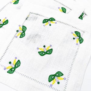 Mardi Gras Cocktail Napkins |  Mardi Gras Mask Decor | Holiday Party Entertaining  | Fat Tuesday | 6 in white square linen hemstitch napkins