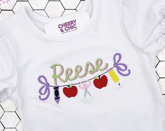 Back to School Shirt with Crayon, Apple, Scissors, Pencil and Bows | Monogrammed Shirt for First Day of School | Personalized Girls Shirt