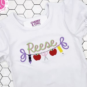 Back to School Shirt with Crayon, Apple, Scissors, Pencil and Bows | Monogrammed Shirt for First Day of School | Personalized Girls Shirt