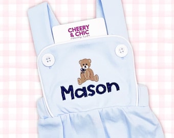 Newborn Baby Outfit | Little Boy Sunsuit | Custom Baby Shower Gift | Teddy Bear | Baby Boy Personalized Outfit | Blue Baby Gown Romper