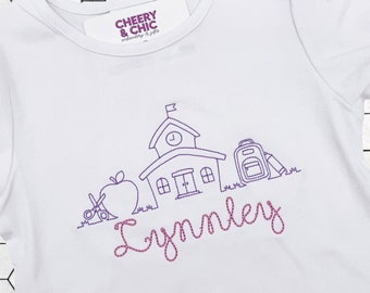 Back to School Shirt with Schoolhouse, Apple, Scissors, Backpack, and Pencil | Monogrammed Shirt for First Day of School | Personalized