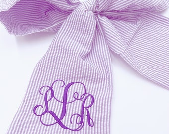 Monogrammed newborn baby swaddle bow | Personalized seersucker sash for Easter basket | Wreath bow | Embroidered baby wrap for photos | Gift