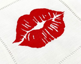 Kiss Red Lips Cocktail Napkins |  Bridal Bachelorette Party Decor | Valentine's Day Holiday Party Entertaining  | 6 inch hemstitch napkins
