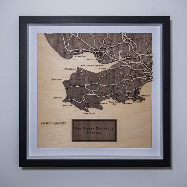 Gower Laser Cut Map Framed Wooden Map Personalised Gift Special Place Memorable Experience Memory on a Map Gower Peninsula