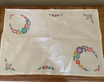 Vintage floral rustic embroidered linen table cloth/ tray cloth. Beautiful centrepiece for a kitchen table,side table or dresser.