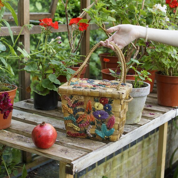 1960s vintage basket bag with stunning bright raff