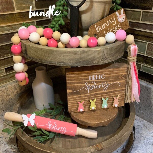 Easter Tiered Tray Bundle, Spring Tiered Tray Bundle Set, Tiered Tray Bundle, Spring Decor Set, Easter Decor Set, Farmhouse Beads, Wood Sign
