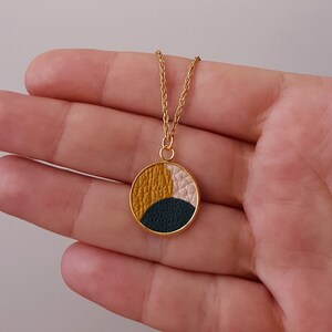 Fine gold or silver necklace with round pendant in green leather, mustard and stainless steel cream and steel, gift for women