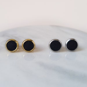 Minimalist stud earrings in black leather and silver or gold stainless steel