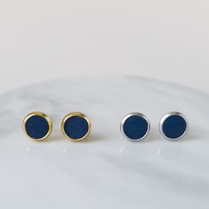 Minimalist flea earrings in blue leather and silver or gold stainless steel